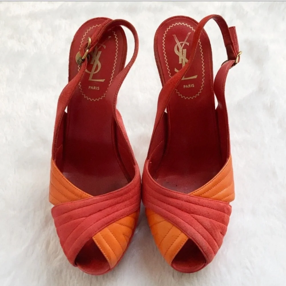 YSL Logo Palais 105 Orange and Coral Slingback Platform Heels, size 37.5 - Picture 2 of 11